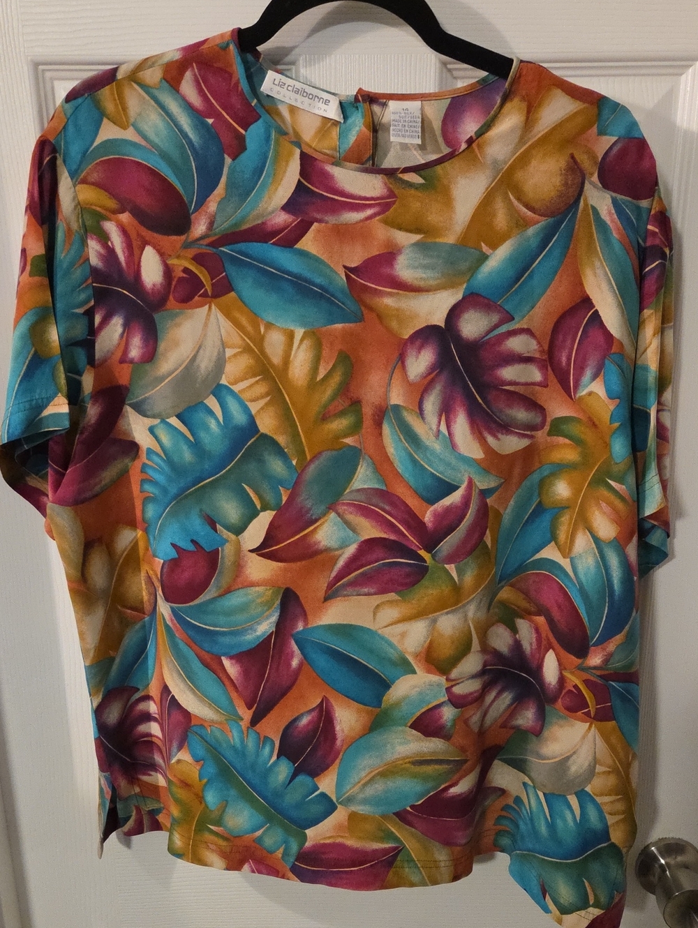 Vintage Liz Claiborne Collection Tropical Floral Silk Short Sleeve Blouse Sz 14